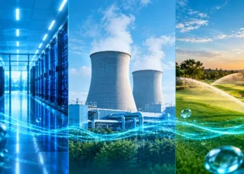 comparativo lado a lado de data center, torres de resfriamento e irrigação de campo de golfe — consumo de água.