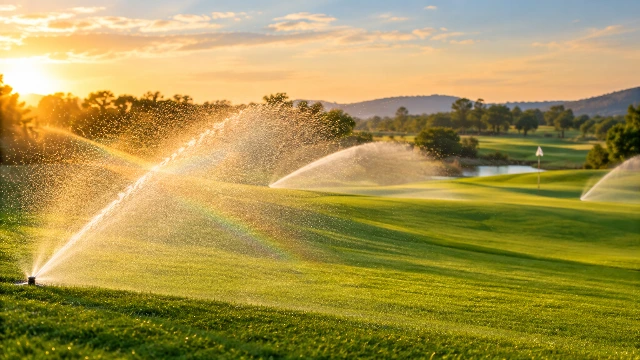 irrigação de campo de golfe com aspersores em funcionamento — consumo de água na manutenção de gramados.